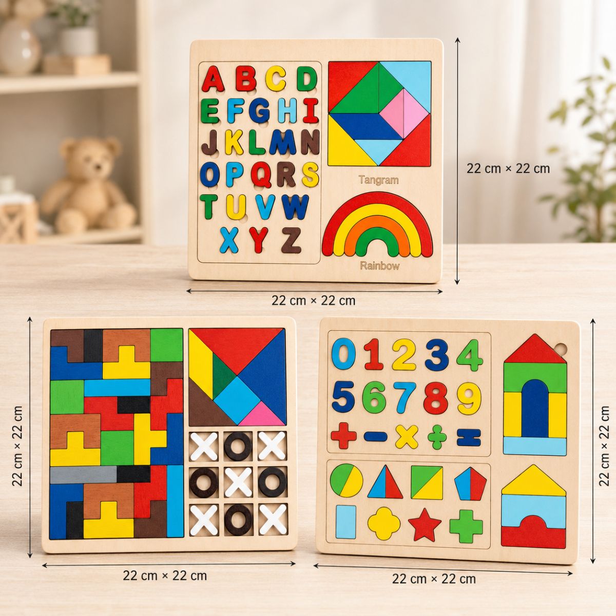 Kids Wooden Learning Puzzle Kit 3-Piece Set | Alphabets, Numbers & Shapes Board