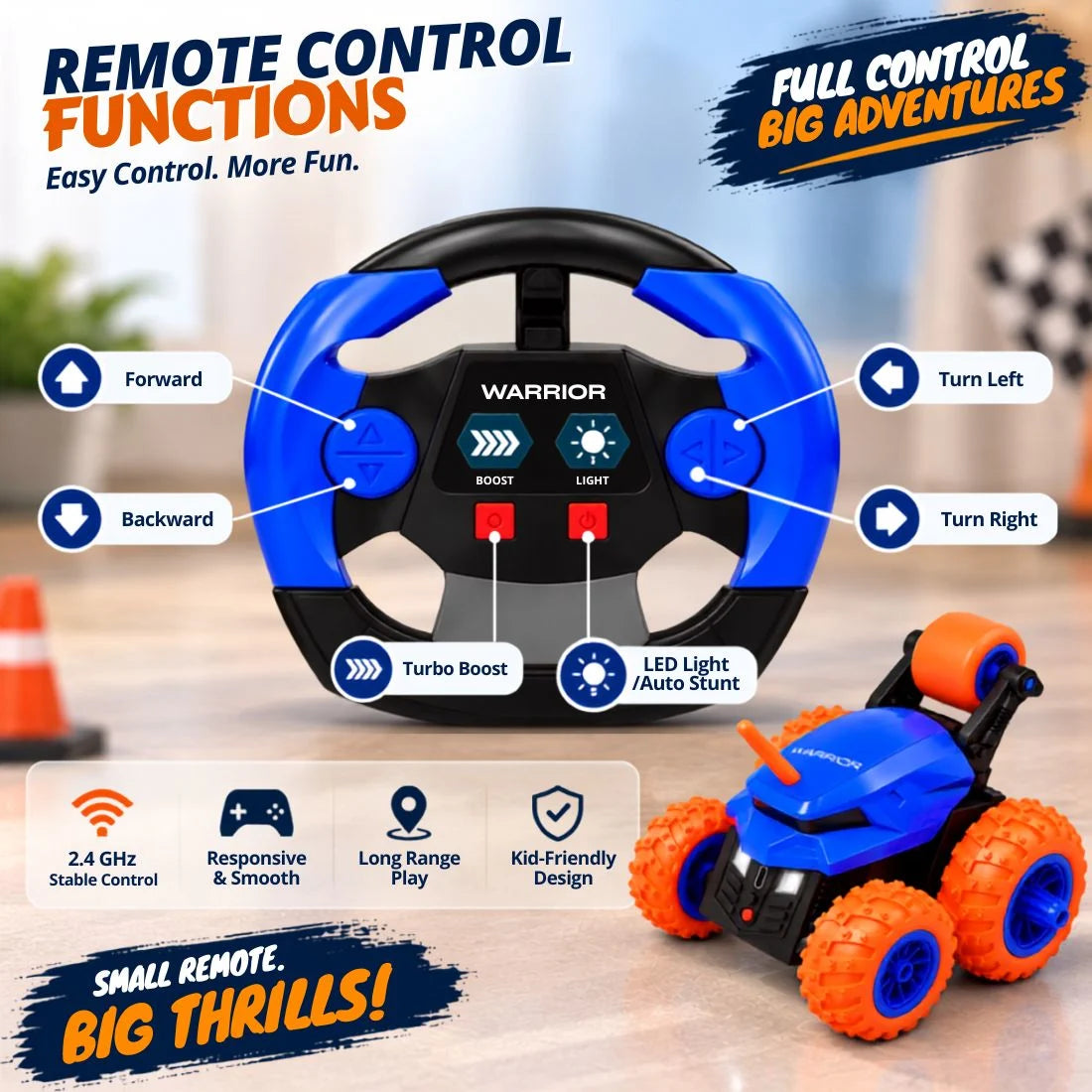 Warrior 360° RC Stunt Car for Kids | 7 Stunt Modes, LED Lights & Speed Boost (Blue)
