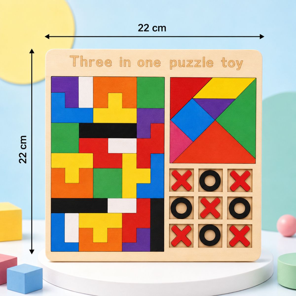 3-in-1 Wooden Puzzle Board Game for Kids | Tangram & Tic Tac Toe