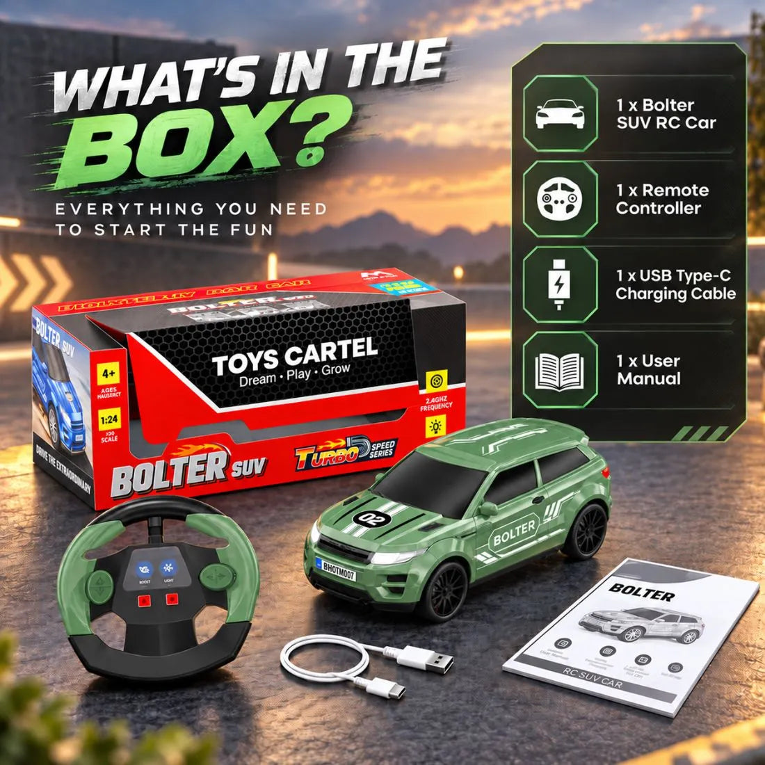 Bolter SUV Remote Control Car for Kids | 1:24 Scale, 1.5X Turbo Boost, LED Lights & USB-C Rechargeable