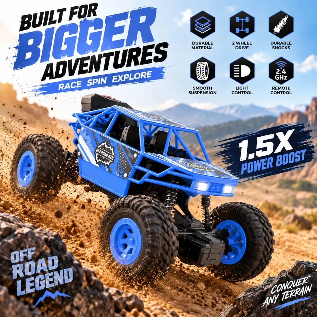 Duster 2WD RC Monster Truck for Kids | Rechargeable Off-Road Remote Control Car with Smoke Effect (Blue)