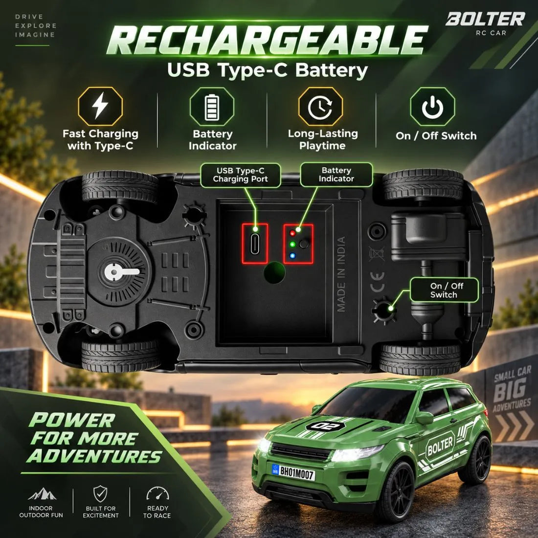 Bolter SUV Remote Control Car for Kids | 1:24 Scale, 1.5X Turbo Boost, LED Lights & USB-C Rechargeable