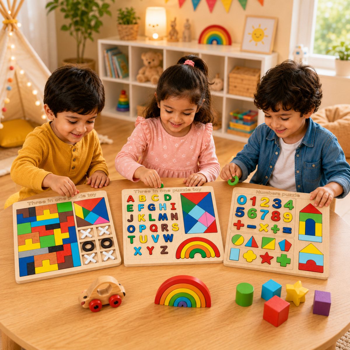 Kids Wooden Learning Puzzle Kit 3-Piece Set | Alphabets, Numbers & Shapes Board