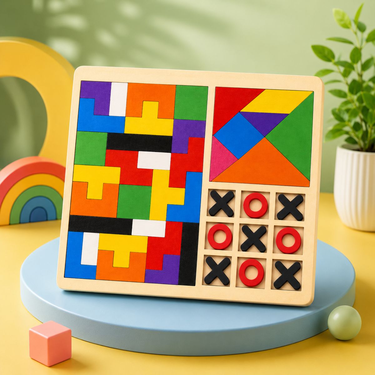 3-in-1 Wooden Puzzle Board Game for Kids | Tangram & Tic Tac Toe