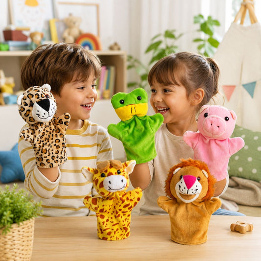 Animal Hand Puppet Set for Kids – Frog, Giraffe, Pig, Cheetah & Lion