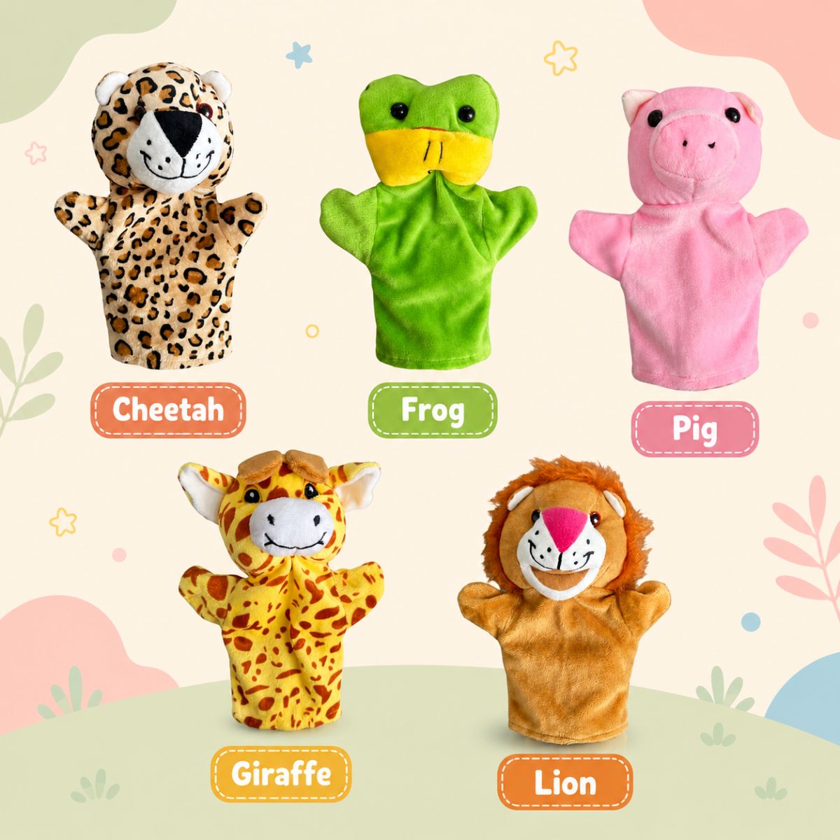 Animal Hand Puppet Set for Kids – Frog, Giraffe, Pig, Cheetah & Lion
