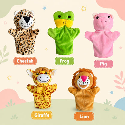 Animal Hand Puppet Set for Kids – Frog, Giraffe, Pig, Cheetah & Lion