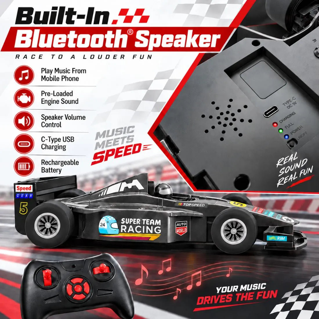 F1 RC Super Car with App, Remote & Bluetooth Speaker (Black)