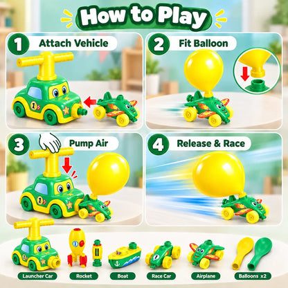 Balloon Car Launcher Playset – Air-Powered Racing Toy with Pump, 3-in-1 Vehicle Set for Kids, No Batteries Required