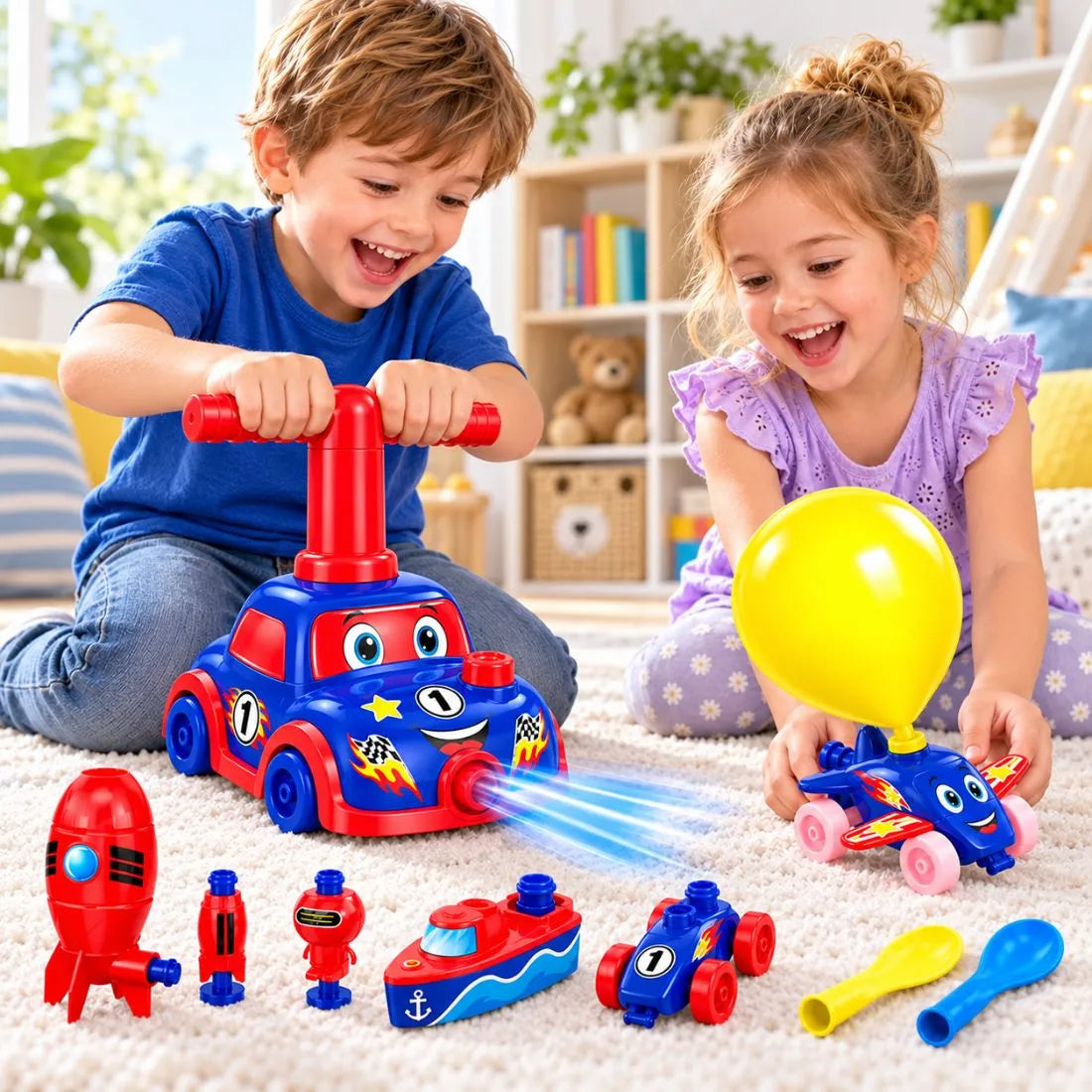 Balloon Car Launcher with Pump & 3-in-1 Vehicle Set (Red & Blue)