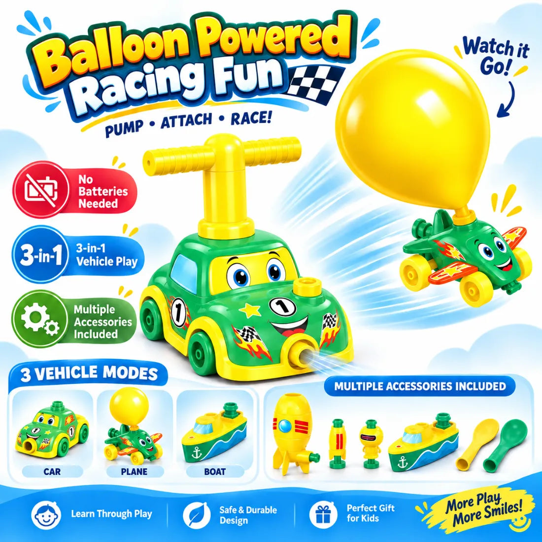 Balloon Car Launcher Playset – Air-Powered Racing Toy with Pump, 3-in-1 Vehicle Set for Kids, No Batteries Required