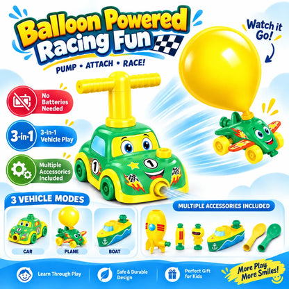 Balloon Car Launcher Playset – Air-Powered Racing Toy with Pump, 3-in-1 Vehicle Set for Kids, No Batteries Required