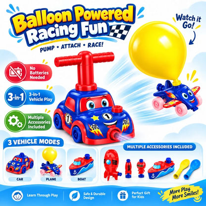 Balloon Car Launcher with Pump & 3-in-1 Vehicle Set (Red & Blue)
