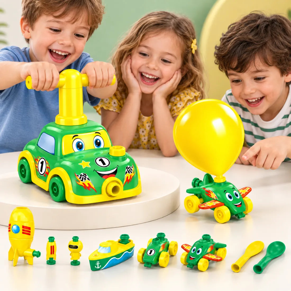 Balloon Car Launcher Playset – Air-Powered Racing Toy with Pump, 3-in-1 Vehicle Set for Kids, No Batteries Required