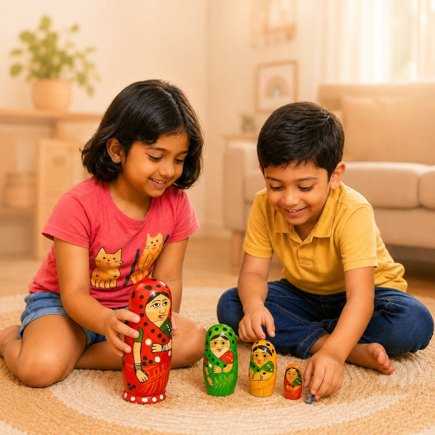 Channapatna Wooden Dolls Set of 5 | Traditional Indian Wooden Toys