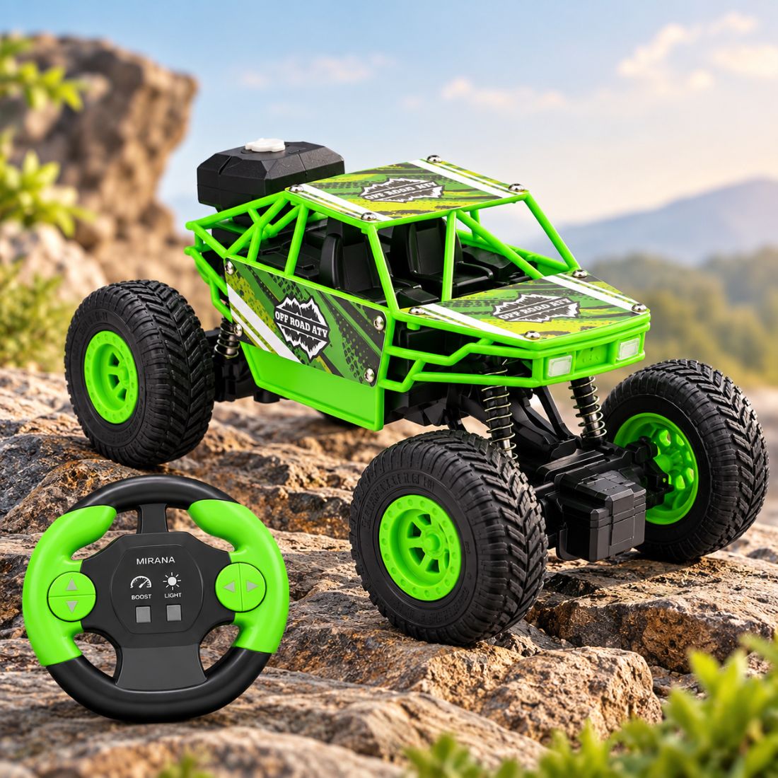 Duster 2WD RC Monster Truck for Kids | Rechargeable Off-Road Remote Control Car with Smoke Effect (Green)