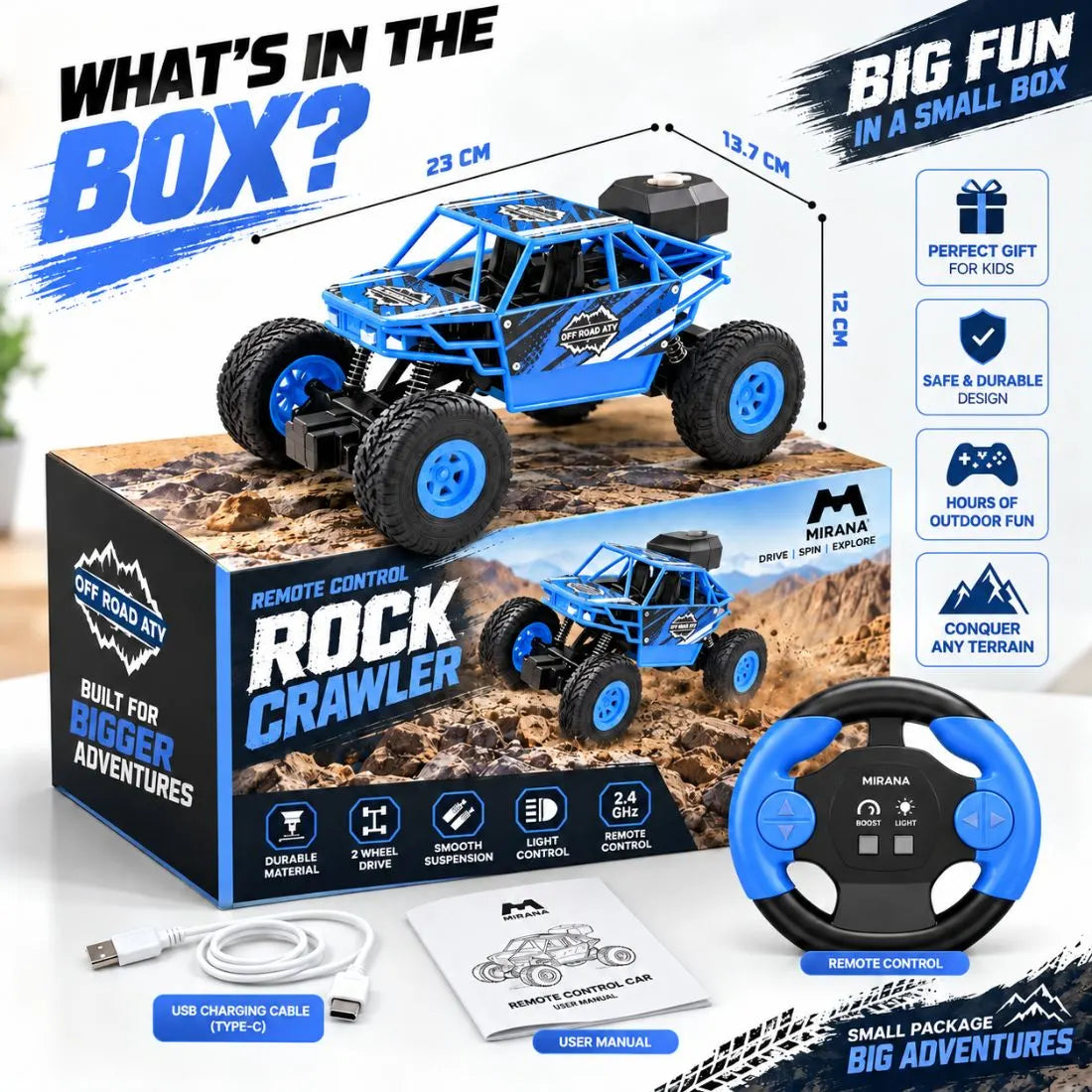 Duster 2WD RC Monster Truck for Kids | Rechargeable Off-Road Remote Control Car with Smoke Effect (Blue)