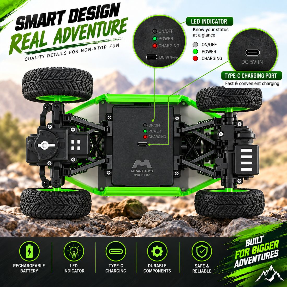 Duster 2WD RC Monster Truck for Kids | Rechargeable Off-Road Remote Control Car with Smoke Effect (Green)