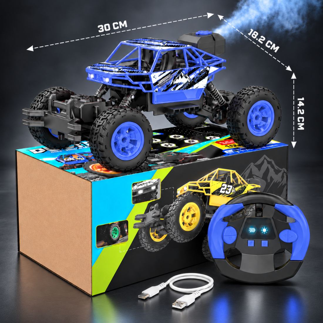 Duster 4WD RC Monster Truck for Kids | Rechargeable Off-Road Remote Control Car with Smoke Effect (Blue)