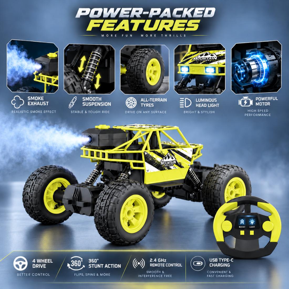 Duster 4WD RC Monster Truck for Kids | Rechargeable Off-Road Remote Control Car with Smoke Effect (Yellow)