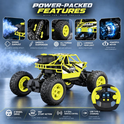 Duster 4WD RC Monster Truck for Kids | Rechargeable Off-Road Remote Control Car with Smoke Effect (Yellow)