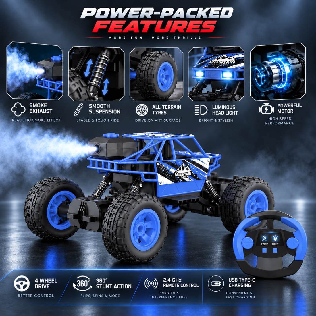Duster 4WD RC Monster Truck for Kids | Rechargeable Off-Road Remote Control Car with Smoke Effect (Blue)