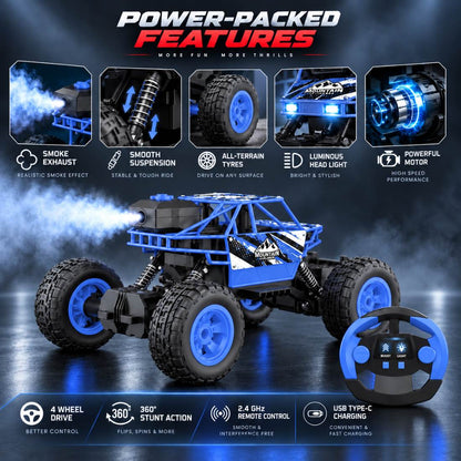 Duster 4WD RC Monster Truck for Kids | Rechargeable Off-Road Remote Control Car with Smoke Effect (Blue)