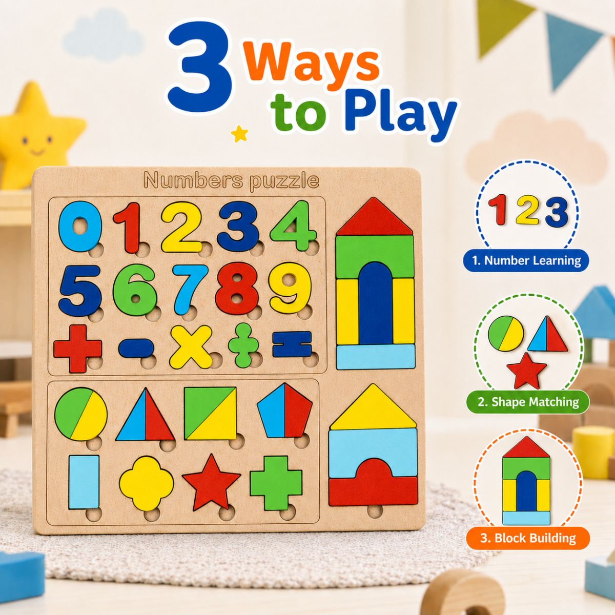 Wooden Numbers & Shapes Puzzle Board for Kids