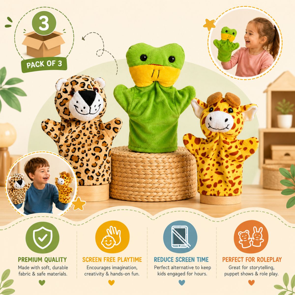 Frog Giraffe Cheetah Hand Puppet Combo Pack of 3 | Soft Toy Hand Puppets for Kids