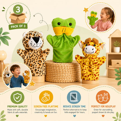 Frog Giraffe Cheetah Hand Puppet Combo Pack of 3 | Soft Toy Hand Puppets for Kids
