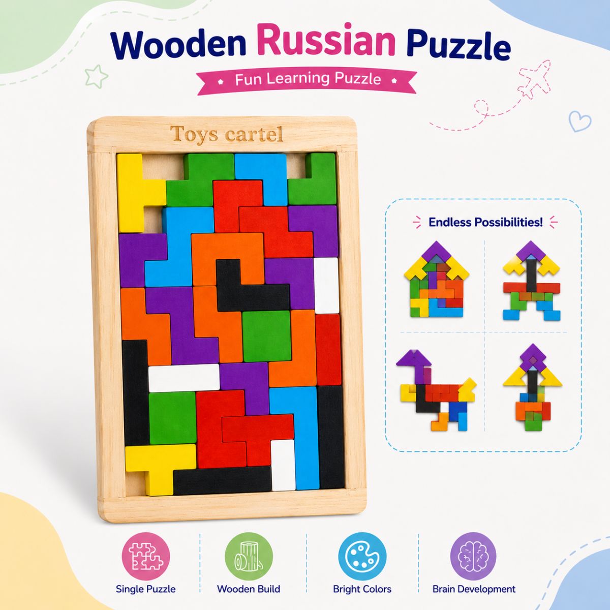 Wooden Tangram Puzzle & 3D Block Puzzle for Kids
