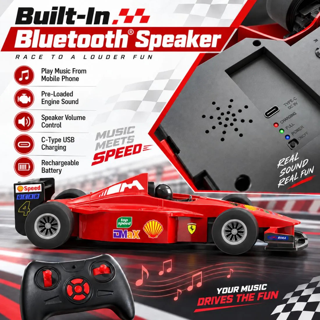 RC F1 Formula Racing Car for Kids with App & Remote Control, Bluetooth Speaker & Nitro Boost (Red)