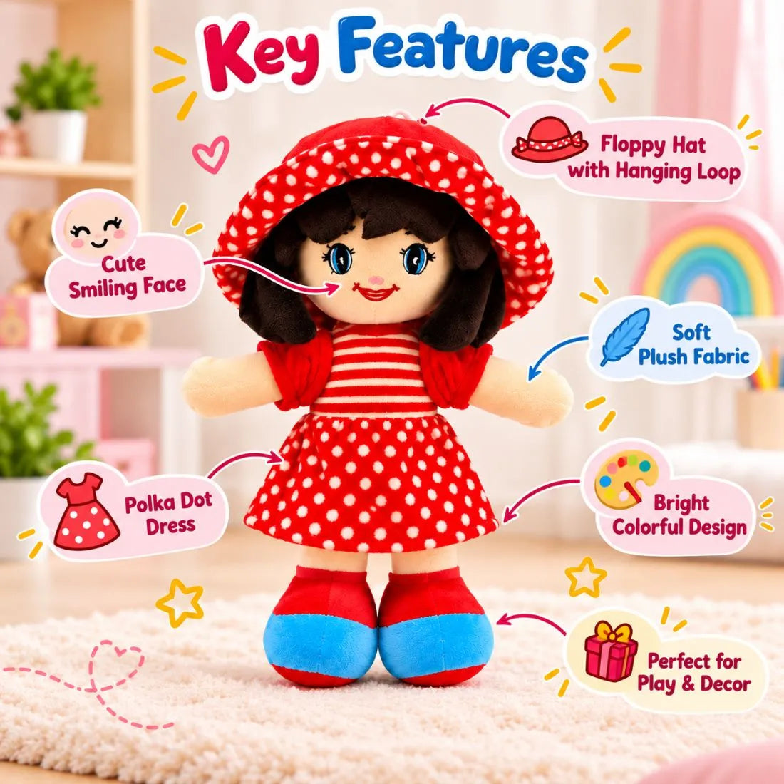 Cute Girl Plush Doll Soft Toy for Kids | Cuddly Doll Gift (Red)