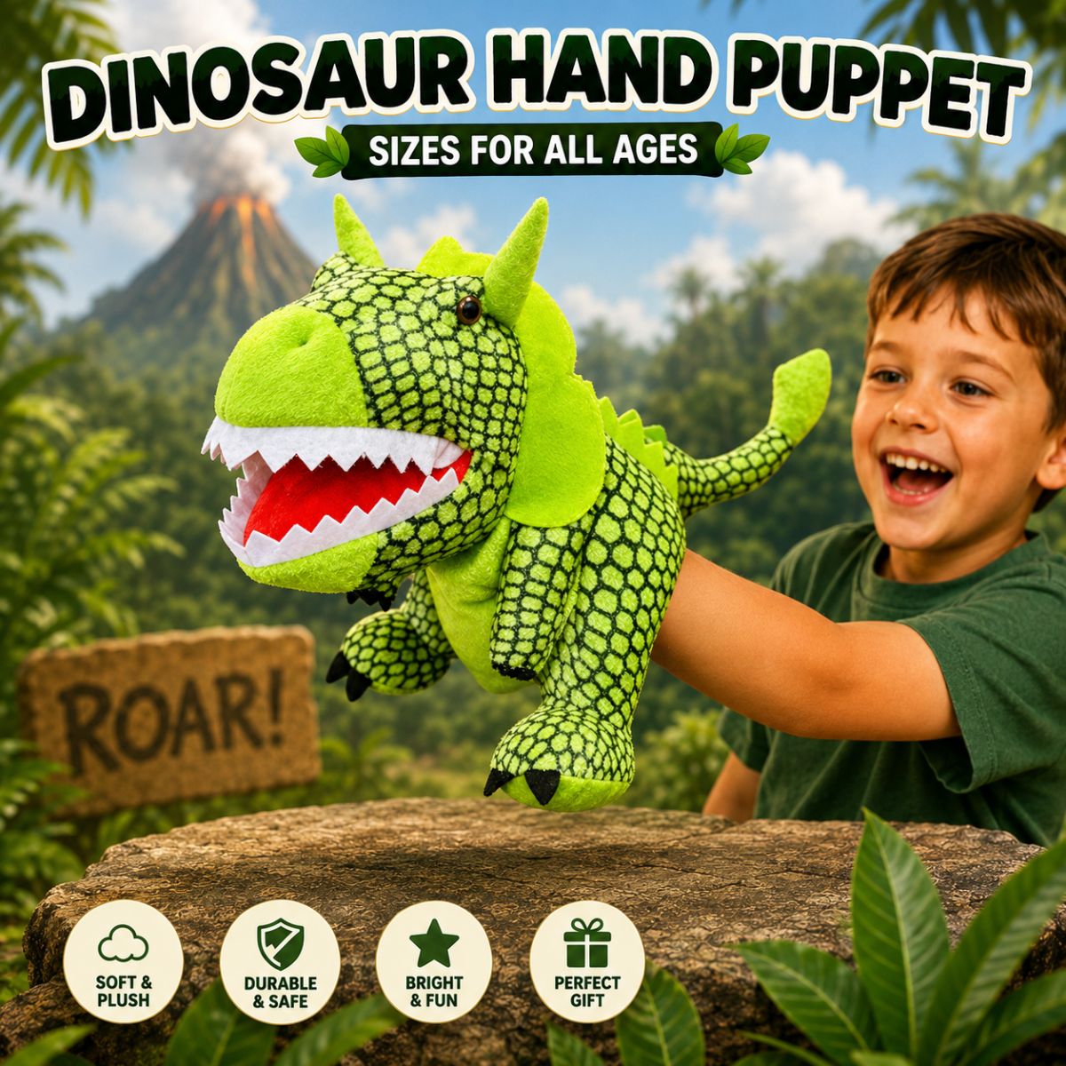 Toys Cartel Green Dinosaur Soft Toy Hand Puppet for Kids Learning & Roleplay