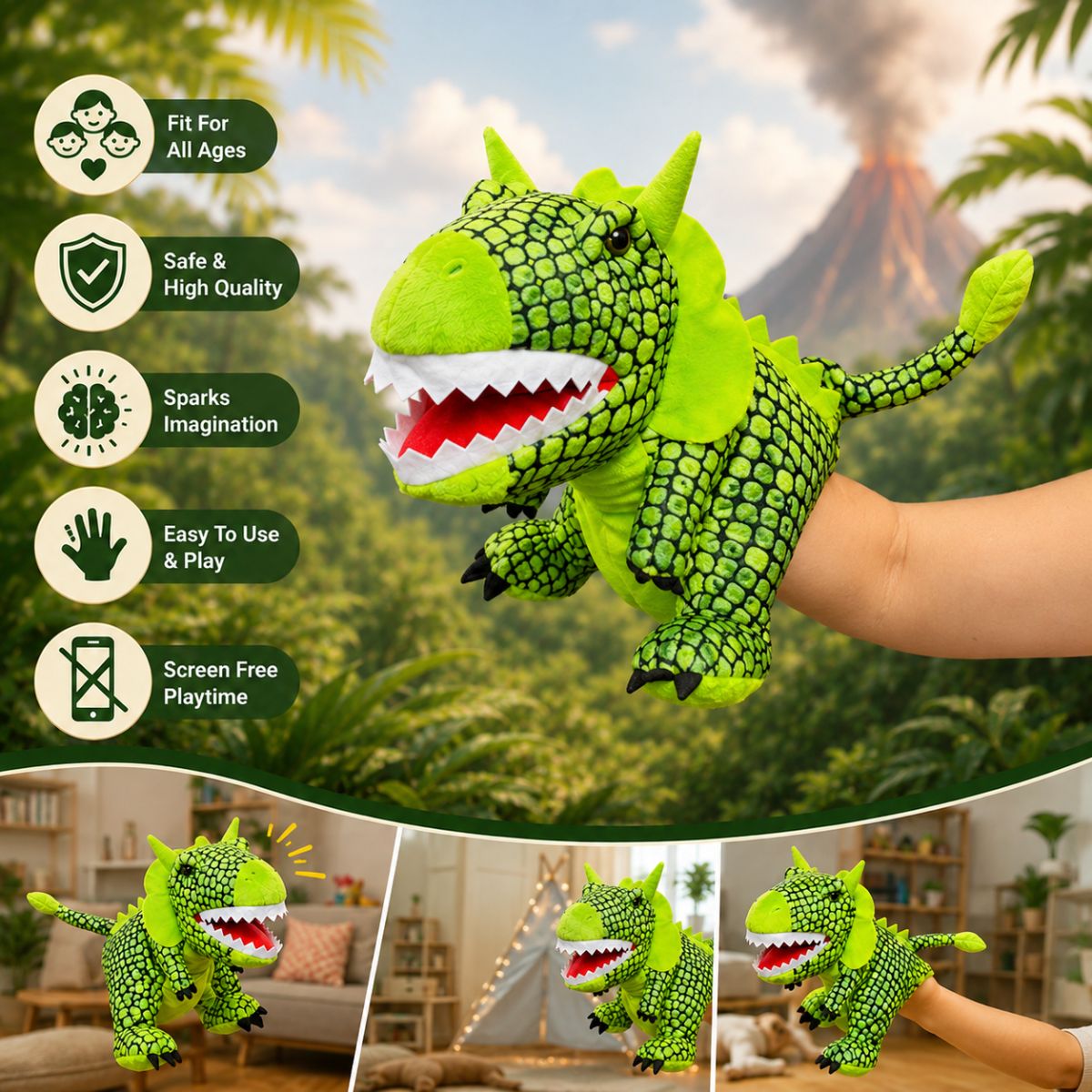 Toys Cartel Green Dinosaur Soft Toy Hand Puppet for Kids Learning & Roleplay
