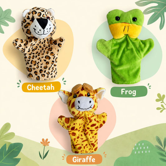 Frog Giraffe Cheetah Hand Puppet Combo Pack of 3 | Soft Toy Hand Puppets for Kids