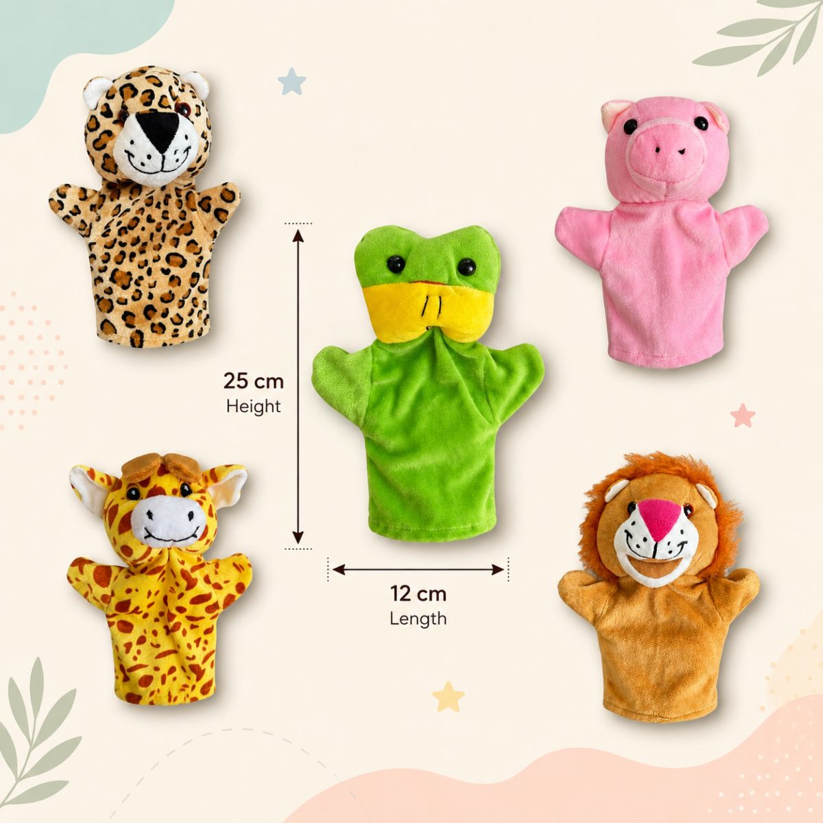 Animal Hand Puppet Set for Kids – Frog, Giraffe, Pig, Cheetah & Lion