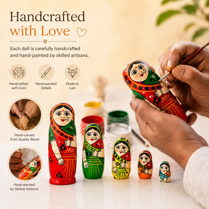Channapatna Wooden Dolls Set of 5 | Traditional Indian Wooden Toys