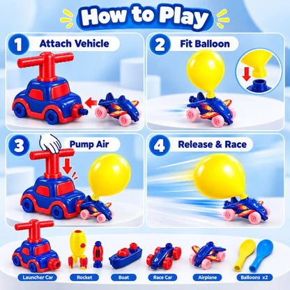 Balloon Car Launcher with Pump & 3-in-1 Vehicle Set (Red & Blue)