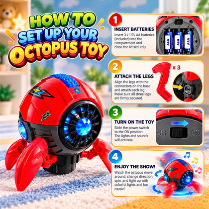 Space Octopus Bump & Go Musical Toy with Lights & 360° Rotation (Red)