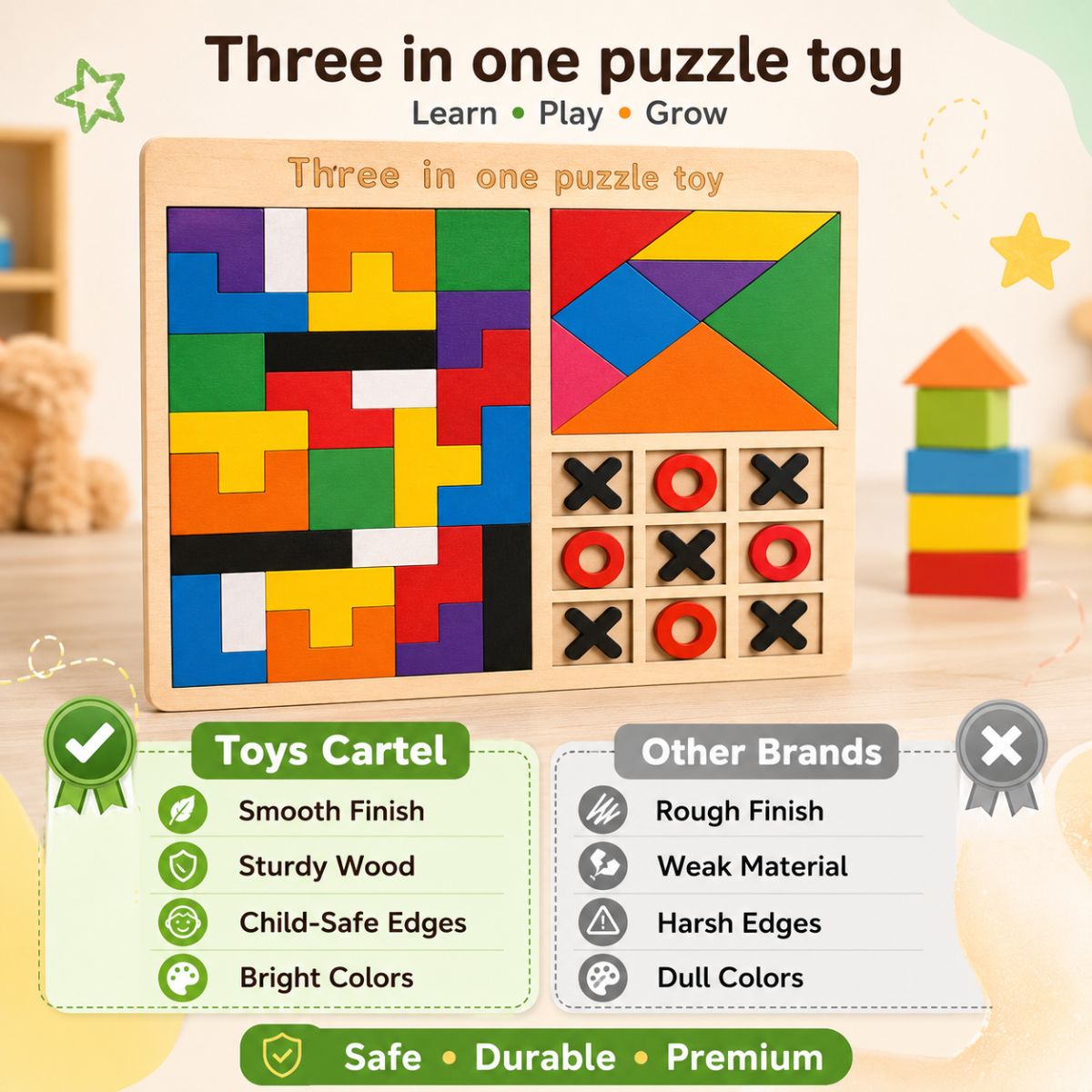 3-in-1 Wooden Puzzle Board Game for Kids | Tangram & Tic Tac Toe