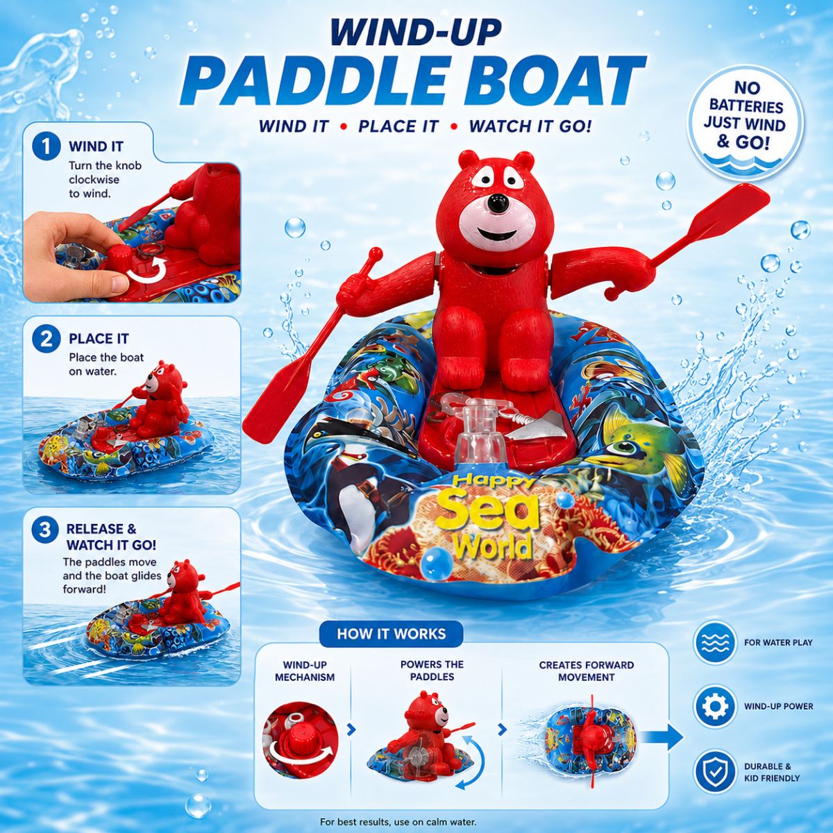 Wind Up Bear Rowing Boat Toy for Kids | Floating Bath & Pool Water Toy