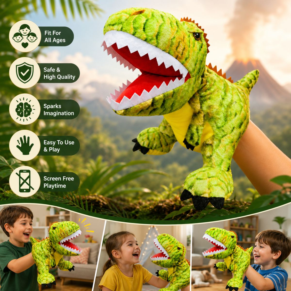 Light Green Dinosaur Hand Puppet | Educational Soft Toy for Kids