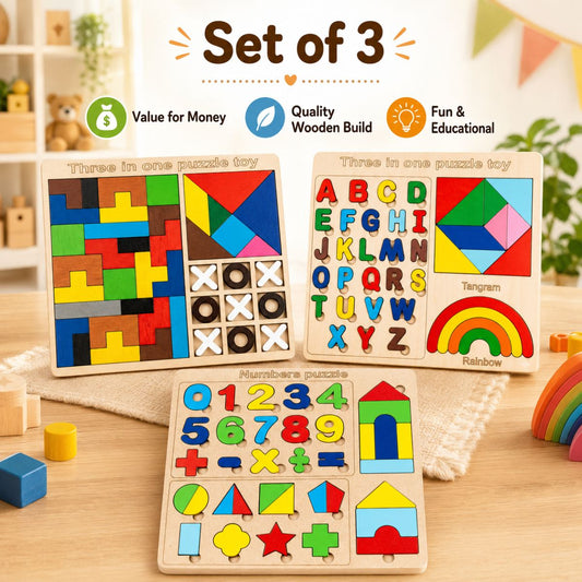 Kids Wooden Learning Puzzle Kit 3-Piece Set | Alphabets, Numbers & Shapes Board