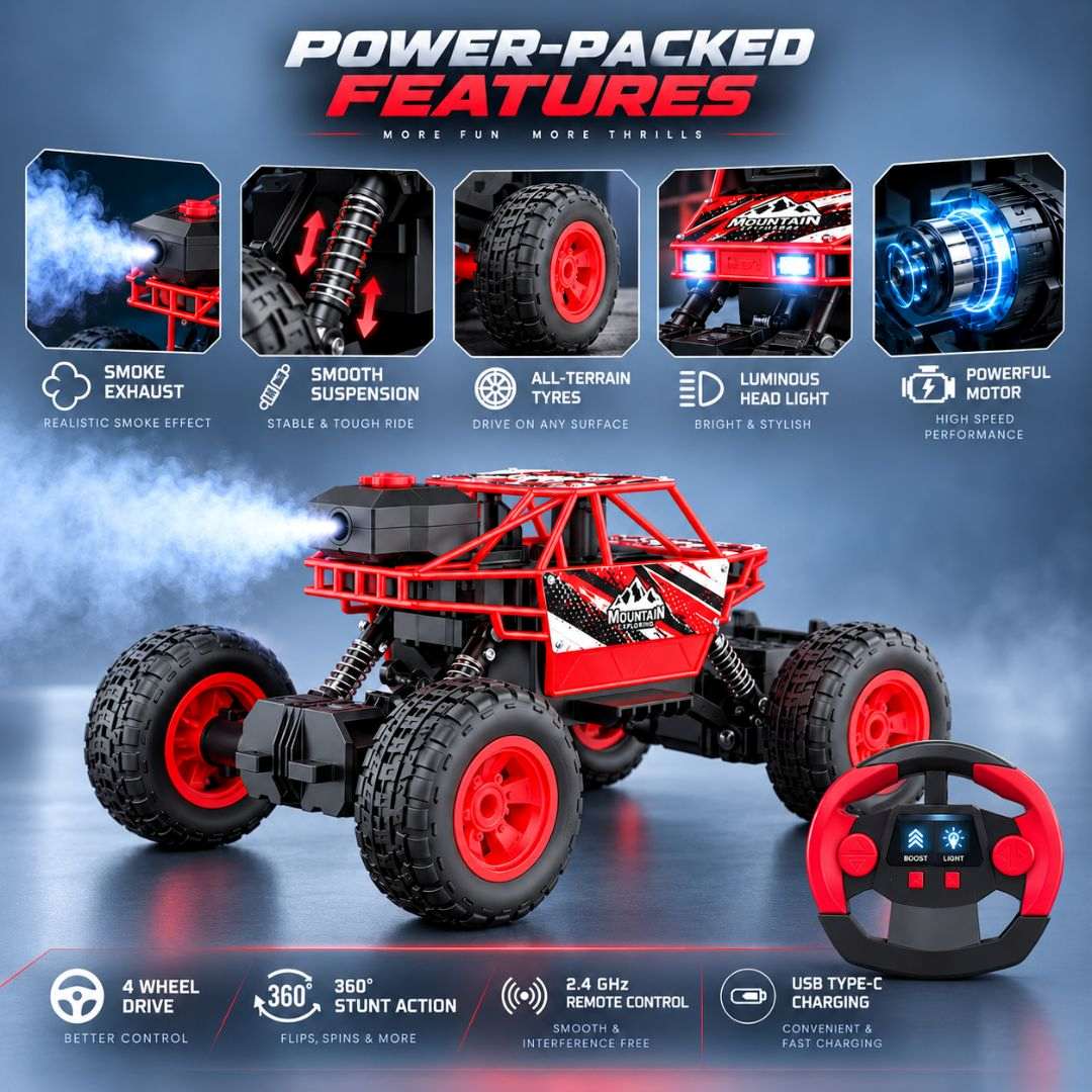 Duster 4WD RC Monster Truck for Kids | Rechargeable Off-Road Remote Control Car with Smoke Effect