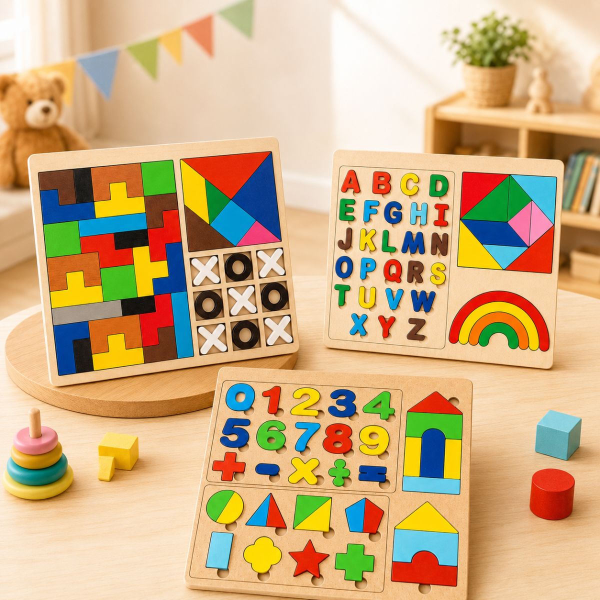 Kids Wooden Learning Puzzle Kit 3-Piece Set | Alphabets, Numbers & Shapes Board