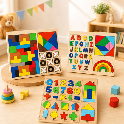 Kids Wooden Learning Puzzle Kit 3-Piece Set | Alphabets, Numbers & Shapes Board