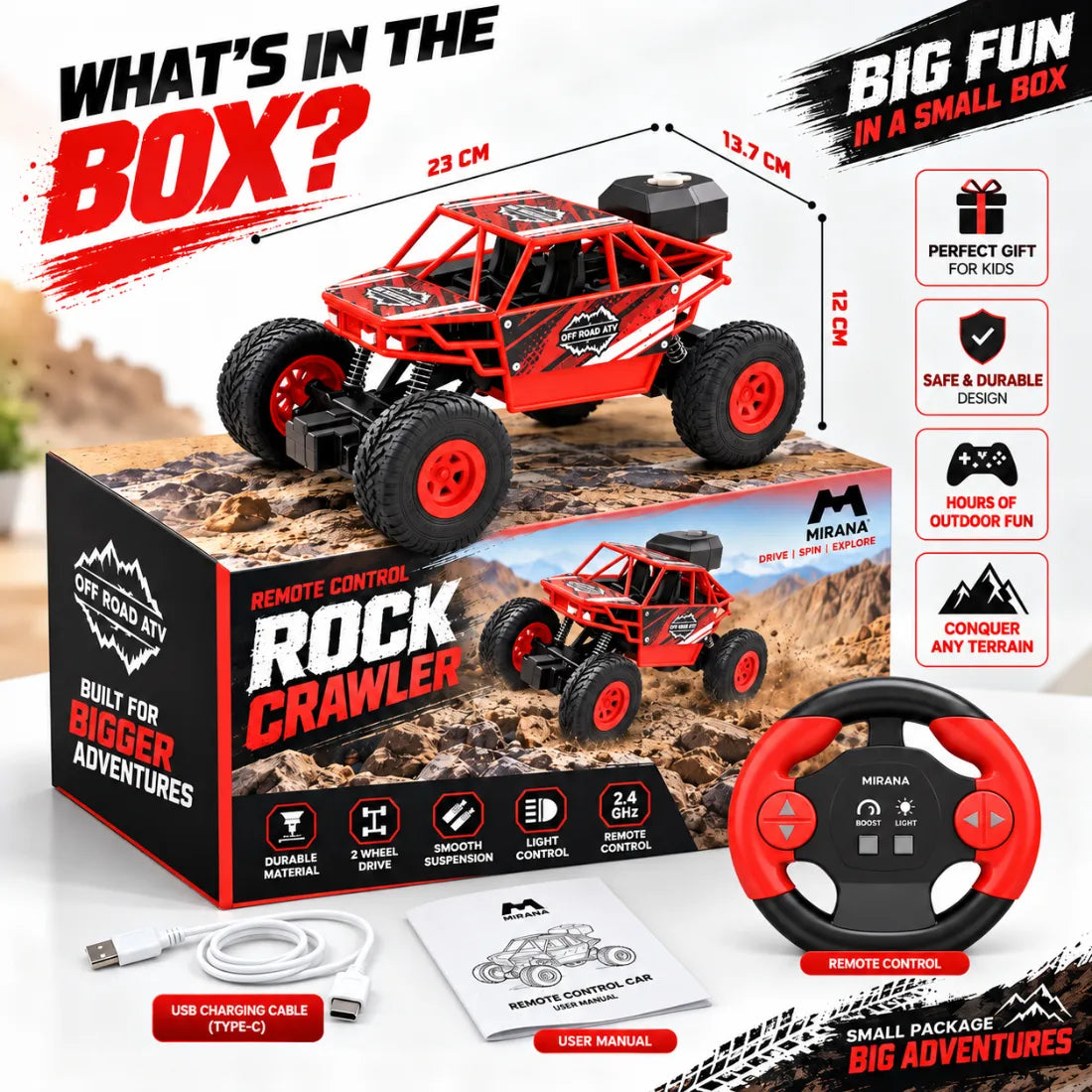 Duster 2WD RC Monster Truck for Kids | Rechargeable Off-Road Remote Control Car with Smoke Effect (Red)