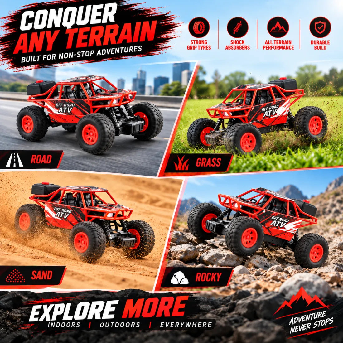 Duster 2WD RC Monster Truck for Kids | Rechargeable Off-Road Remote Control Car with Smoke Effect (Red)