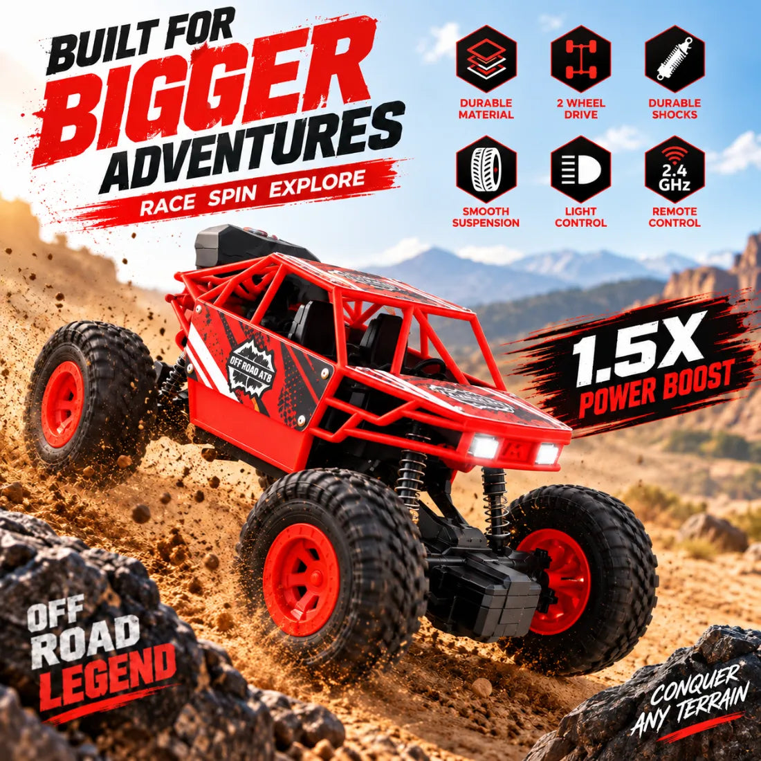 Duster 2WD RC Monster Truck for Kids | Rechargeable Off-Road Remote Control Car with Smoke Effect (Red)